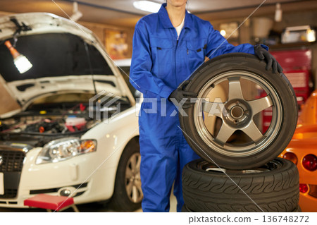 Auto mechanic changing tires at a factory 136748272