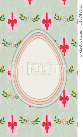 Egg shape with copy space on Easter pattern background with outline and flat decor. Paper cut design. Vector illustration Easter Greeting thematic cards or media posts template, banner, poster, invite Egg shape with copy space on Easter pattern background with outline and flat decor. Paper cut design. Vector illustration Easter Greeting thematic cards or media posts template, banner, poster, invite 136748510