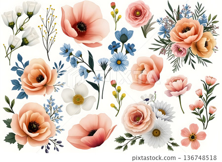 Floral arrangement featuring various blossoms in soft colors and different styles for creative design or decoration 136748518