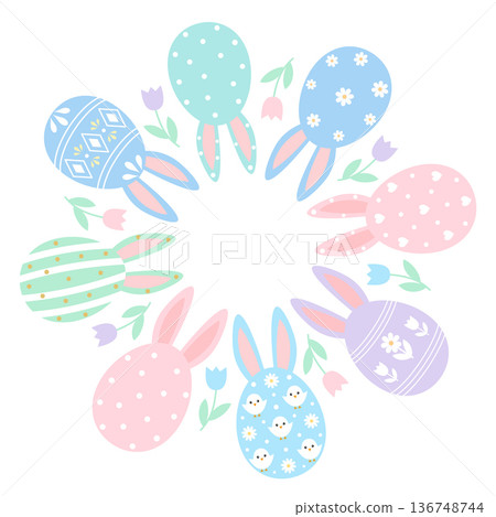 Round Easter wreath of eggs with rabbit ears and spring flowers. Festive floral frame for holiday greetings 136748744