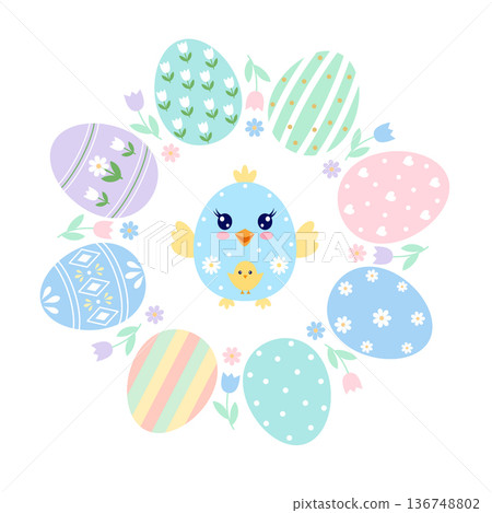Round Easter wreath of colorful patterned eggs and flowers with a cute blue chick in the center. Round Easter wreath of colorful patterned eggs and flowers with a cute blue chick in the center. 136748802