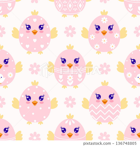 Seamless pattern with pink Easter chicks and flowers on light background. Kawaii spring design for kids and nursery textiles. Seamless pattern with pink Easter chicks and flowers on light background. Kawaii spring design for kids and nursery textiles. 136748805