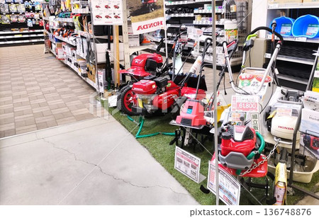 Small farm equipment section at a home improvement store Small farm equipment section at a home improvement store 136748876