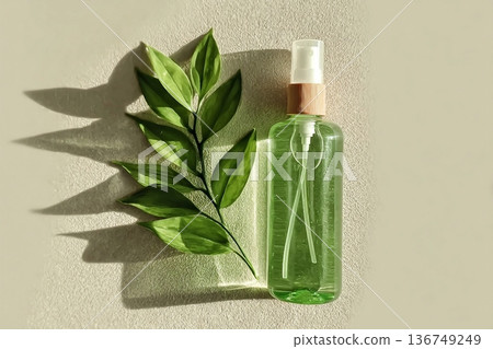 Transparent Cosmetic spray bottle and green leaf, natural light and shadow, dispenser with green liquid on beige. Natural Vegan skin care products, Eco-friendly Organic cosmetics concept, copyspace Transparent Cosmetic spray bottle and green leaf, natural light and shadow, dispenser with green liquid on beige. Natural Vegan skin care products, Eco-friendly Organic cosmetics concept, copyspace 136749249
