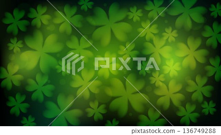 Abstract irish shamrock clover background with green bokeh lights. Vector illustration of St Patricks Day festive overlay with soft glowing lucky leaves for modern holiday design. 136749288