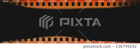 Vintage 35mm film strip border with light leak burns. Vector analog film frame overlay for retro photo effect and cinema aesthetic. Nostalgic burnt movie texture isolated on black background. 136749292