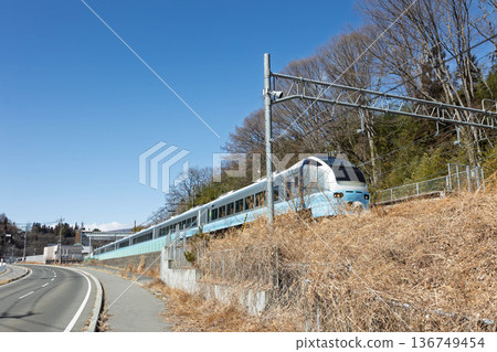 JR Agatsuma Line, special express train Kusatsu-Shima E653 series waiting at Naganohara-Kusatsuguchi Station 136749454