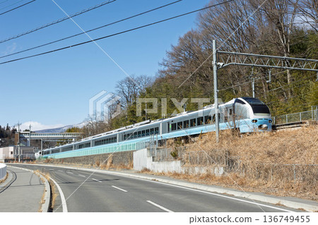 JR Agatsuma Line, special express train Kusatsu-Shima E653 series waiting at Naganohara-Kusatsuguchi Station 136749455