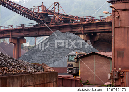 Sand quarry factory banner, Industrial plant with belt conveyor Sand quarry factory banner, Industrial plant with belt conveyor 136749473