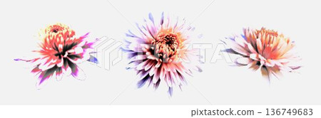 Set of blooming flowers with colorful CMYK halftone dot texture. Vector floral elements with retro pop art print effect and grainy lo-fi aesthetic. Creative botanical silhouettes isolated on white. 136749683