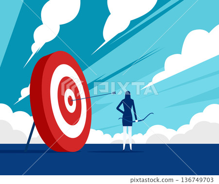 Business challenge. Businesswoman holds a bow and stands beside a large target. 136749703