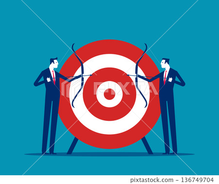 Business challenge. Business team or partner holding bow and arrow standing by huge target ready to shoot arrows Business challenge. Business team or partner holding bow and arrow standing by huge target ready to shoot arrows 136749704
