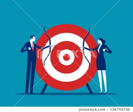 Business challenge. Business team or partner holding bow and arrow standing by huge target ready to shoot arrows Business challenge. Business team or partner holding bow and arrow standing by huge target ready to shoot arrows 136749706