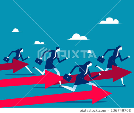 Business Together. Running in the same direction following the arrows shows determination and a clear shared goal 136749708