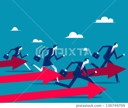 Business Together. Running in the same direction following the arrows shows determination and a clear shared goal 136749709