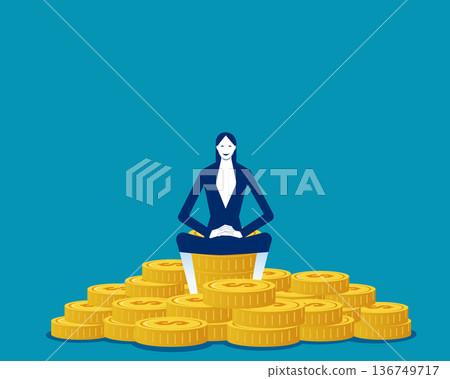Business investment. Businesswoman sitting on gold coin 136749717