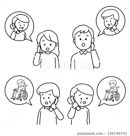 People talking on the phone with worried expressions Line drawing 136749733