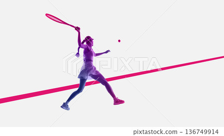 Energetic design female tennis player serving ball. 136749914