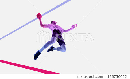 Striking artwork handball player jumping for throw. 136750022