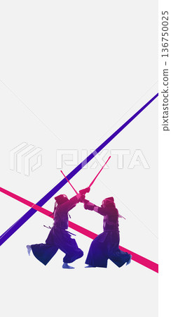 Dynamic artwork kendo fighters clashing swords in duotone style. Dynamic artwork kendo fighters clashing swords in duotone style. 136750025