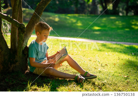 A boy in a blue T-shirt reads a book in a park under a tree A boy in a blue T-shirt reads a book in a park under a tree 136750138