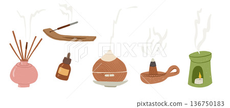 Aromatherapy diffuser incense burner sticks oil bottle and aroma lamp in childlike hand-drawn style 136750183