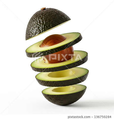 Sliced avocado showcasing internal layers with pit suspended in mid-air 136750284
