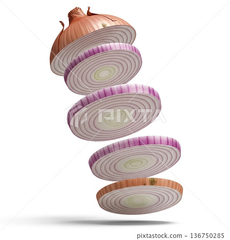 Sliced onion layers displayed in an artistic manner showcasing their texture and color contrast 136750285