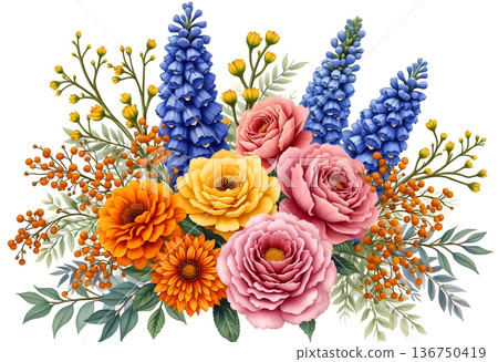 Vibrant floral arrangement featuring roses, delphiniums, and blooming wildflowers in assorted colors 136750419