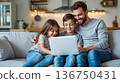 Family enjoys quality time together while using a laptop at home in a cozy living room during the afternoon 136750431