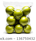 Fresh green apples packed in a clear plastic bag for convenient storage and transport at a local market 136750432