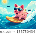 Pig enjoys surfing on a sunny day at the beach with playful fish in the background 136750434