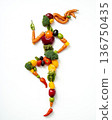 Fruit and vegetable art depicting a dancing figure on a white background showcasing healthy lifestyle and creativity 136750435