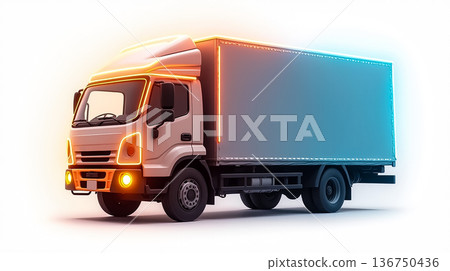 Brightly lit delivery truck stands ready in a modern setting with vibrant colors and glowing outlines during an energetic afternoon 136750436