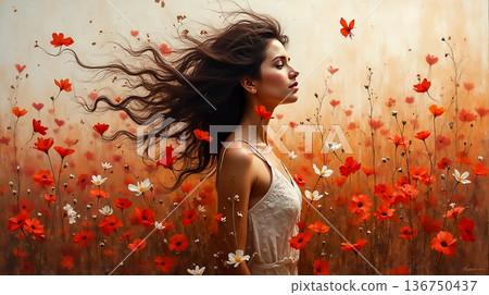 Woman with flowing hair surrounded by vibrant flowers in a serene landscape during golden hour 136750437