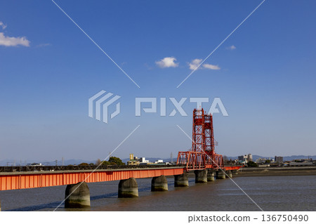 A view of the Chikugo River Lift Bridge on a sunny day 136750490
