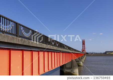 A view of the Chikugo River Lift Bridge on a sunny day 136750493