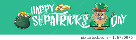 Funny St. Patricks Day wide banner with rock star potato character in leprechaun hat, Irish holiday greeting with groovy typography on green. Humorous Happy St. Patricks Day banner with potato mascot Funny St. Patricks Day wide banner with rock star potato character in leprechaun hat, Irish holiday greeting with groovy typography on green. Humorous Happy St. Patricks Day banner with potato mascot 136750976