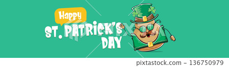 Funny St. Patricks Day wide banner with rock star potato character in leprechaun hat, Irish holiday greeting with groovy typography on green. Humorous Happy St. Patricks Day banner with potato mascot Funny St. Patricks Day wide banner with rock star potato character in leprechaun hat, Irish holiday greeting with groovy typography on green. Humorous Happy St. Patricks Day banner with potato mascot 136750979