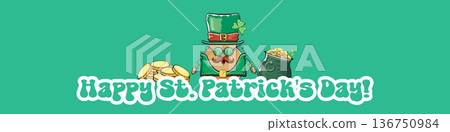 Funny St. Patricks Day wide banner with rock star potato character in leprechaun hat, Irish holiday greeting with groovy typography on green. Humorous Happy St. Patricks Day banner with potato mascot Funny St. Patricks Day wide banner with rock star potato character in leprechaun hat, Irish holiday greeting with groovy typography on green. Humorous Happy St. Patricks Day banner with potato mascot 136750984