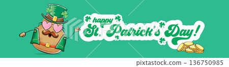 Funny St. Patricks Day wide banner with rock star potato character in leprechaun hat, Irish holiday greeting with groovy typography on green. Humorous Happy St. Patricks Day banner with potato mascot 136750985