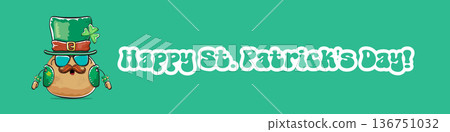 Funny St. Patricks Day wide banner with rock star potato character in leprechaun hat, Irish holiday greeting with groovy typography on green. Humorous Happy St. Patricks Day banner with potato mascot 136751032