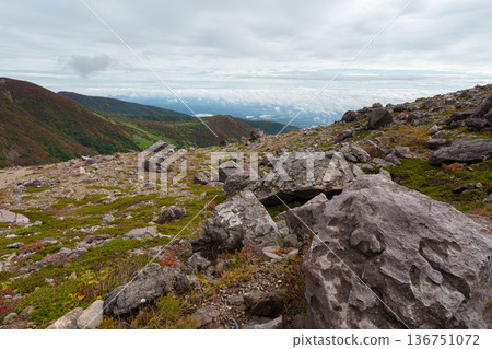 View of the hiking trail and sea of clouds from the summit View of the hiking trail and sea of clouds from the summit 136751072