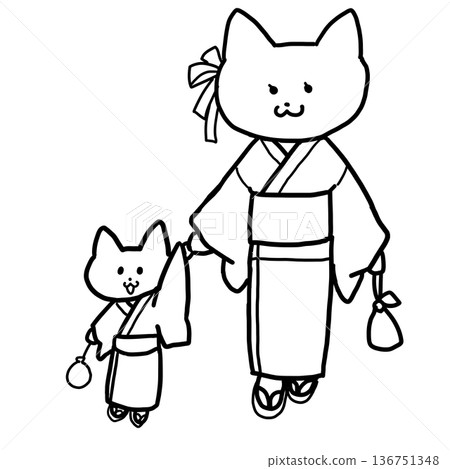 Line drawing of a parent and child cat wearing a yukata holding hands Line drawing of a parent and child cat wearing a yukata holding hands 136751348