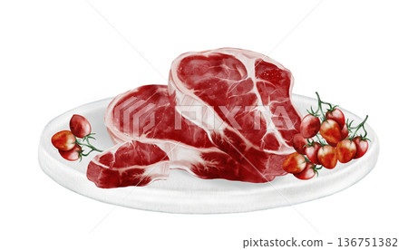 Fresh meat on a white plate watercolor watercolor illustration. Food clip art. Hand-drawn organic cow meat on a white plate on a white background. Perfect for cookbook design, restaurant menus, and Fresh meat on a white plate watercolor watercolor illustration. Food clip art. Hand-drawn organic cow meat on a white plate on a white background. Perfect for cookbook design, restaurant menus, and 136751382