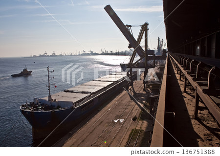 Industrial panoramic view of agricultural silos and cargo ship loading at a grain terminal. 136751388