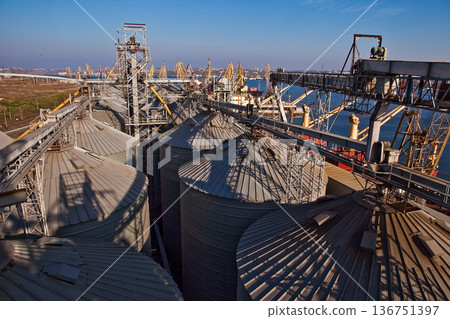Industrial complex for grain processing with steel silos and conveyor systems. Industrial complex for grain processing with steel silos and conveyor systems. 136751397