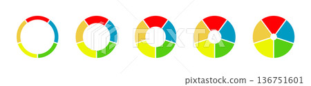 Pies, donut charts segmented on 5 equal parts. Wheels divided in five sections. Diagrams infographic multicolored. Pizza chart round flat layout icons. Circle section graph. Loading bar mockups set. Pies, donut charts segmented on 5 equal parts. Wheels divided in five sections. Diagrams infographic multicolored. Pizza chart round flat layout icons. Circle section graph. Loading bar mockups set. 136751601