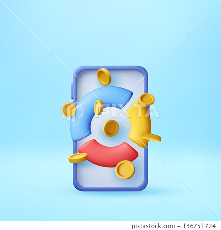 Mobile phone with abstract 3D shapes and coins Mobile phone with abstract 3D shapes and coins 136751724