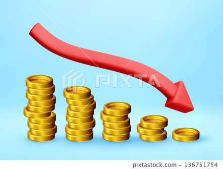 3D Red arrow and coins pointing down 136751754